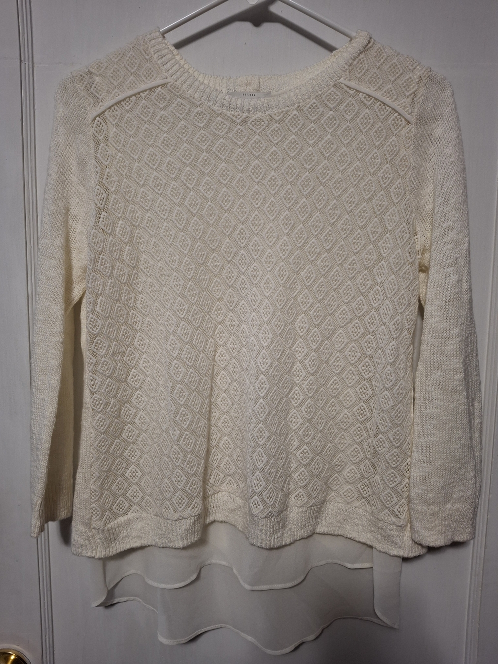 Lucky Brand Cream Open Diamond Knit Split Back Layered Chiffon Sweater XS